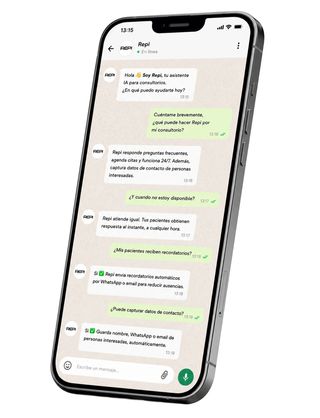 Chat de Repi respondiendo preguntas frecuentes en WhatsApp