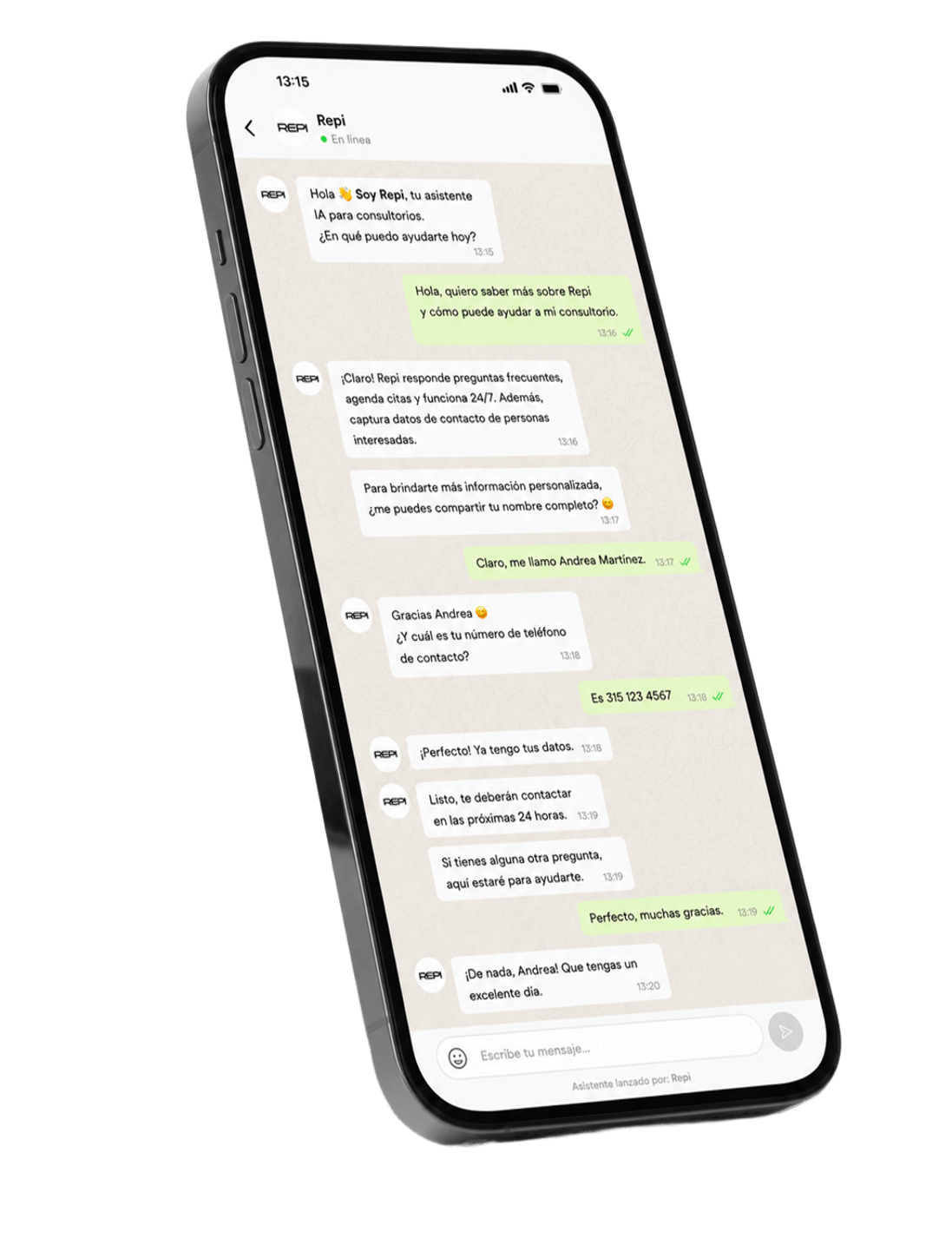 Chat de Repi capturando el nombre y teléfono de un cliente interesado