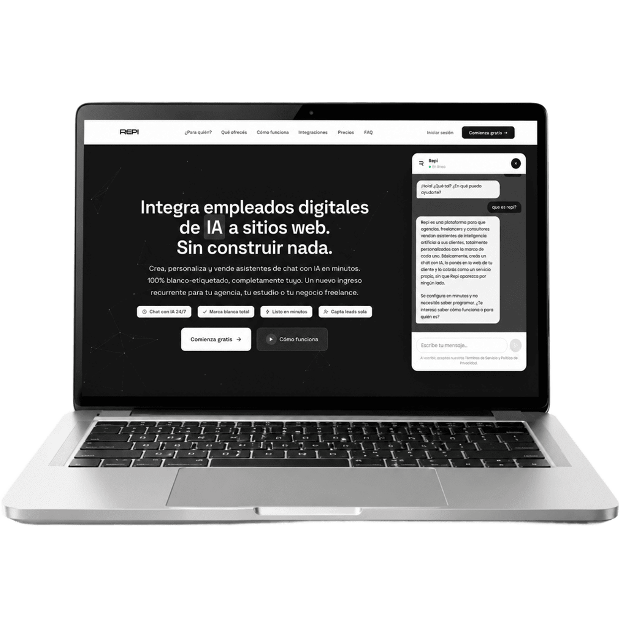 Widget de chat de Repi abierto sobre la web de un cliente en una laptop, mostrando la conversación con el asistente