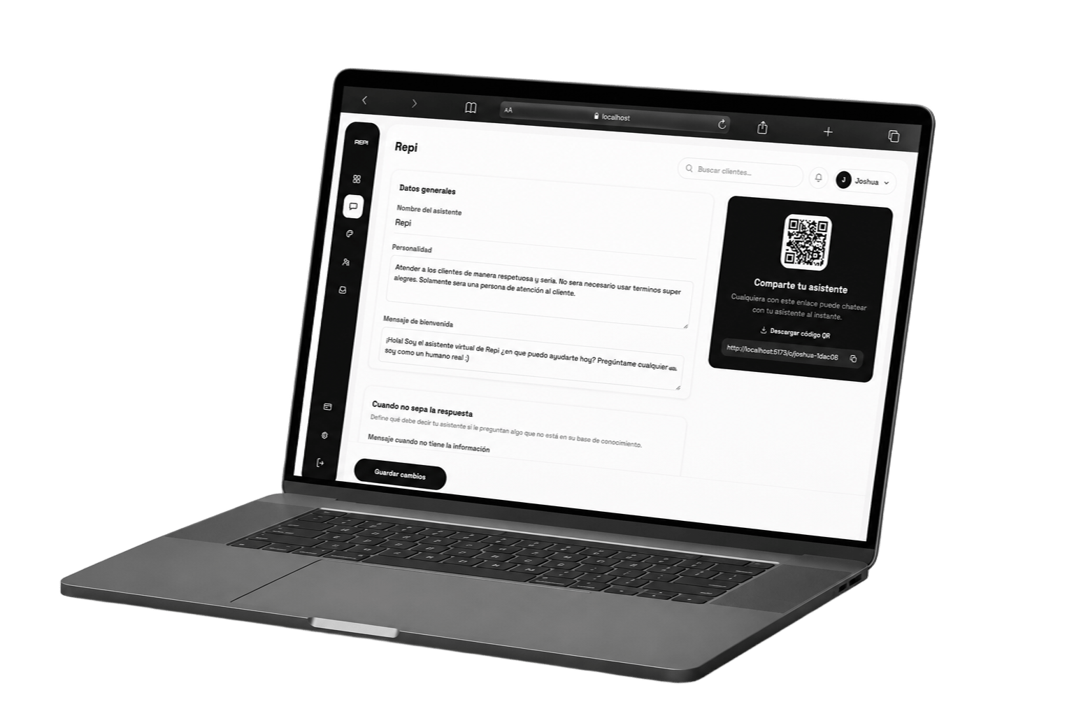 Panel real de Repi mostrando la personalización del asistente: nombre, personalidad, mensaje de bienvenida y código QR para compartir