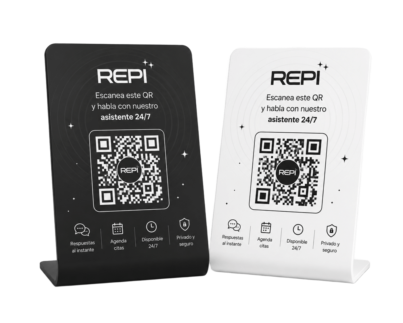 Standees de mesa con código QR de Repi para hablar con el asistente